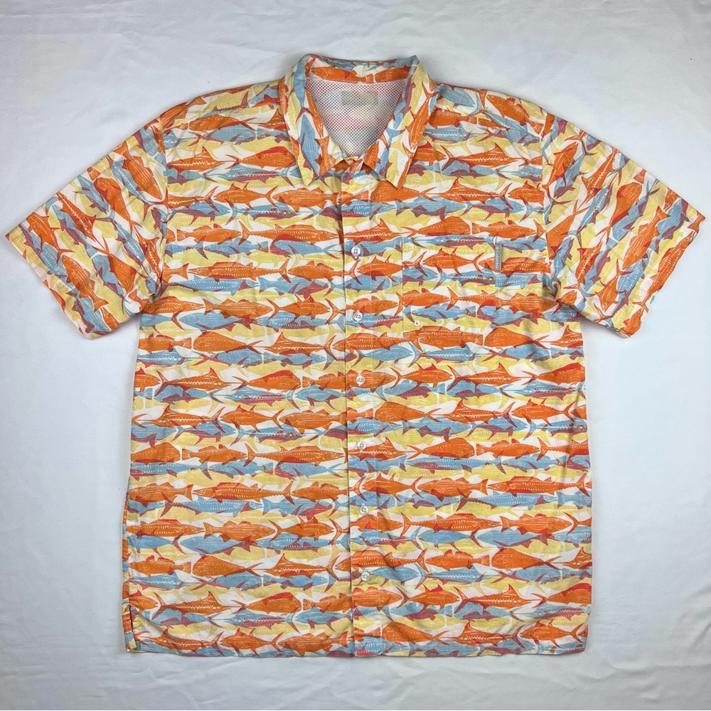 Columbia PFG XL Orange Blue Fish Print Mesh Button Up Short Sleeve Shirt - Picture 1 of 9